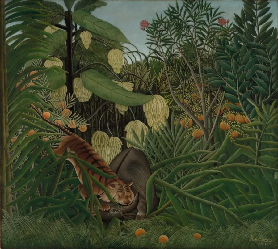 Jungle painting with two big cats among dense tropical plants