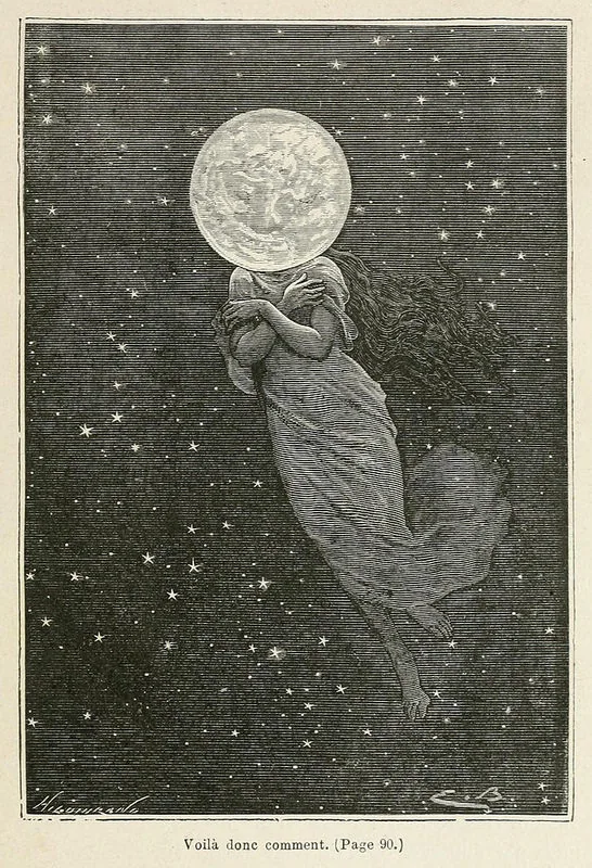Vintage celestial engraving of a figure beneath the moon